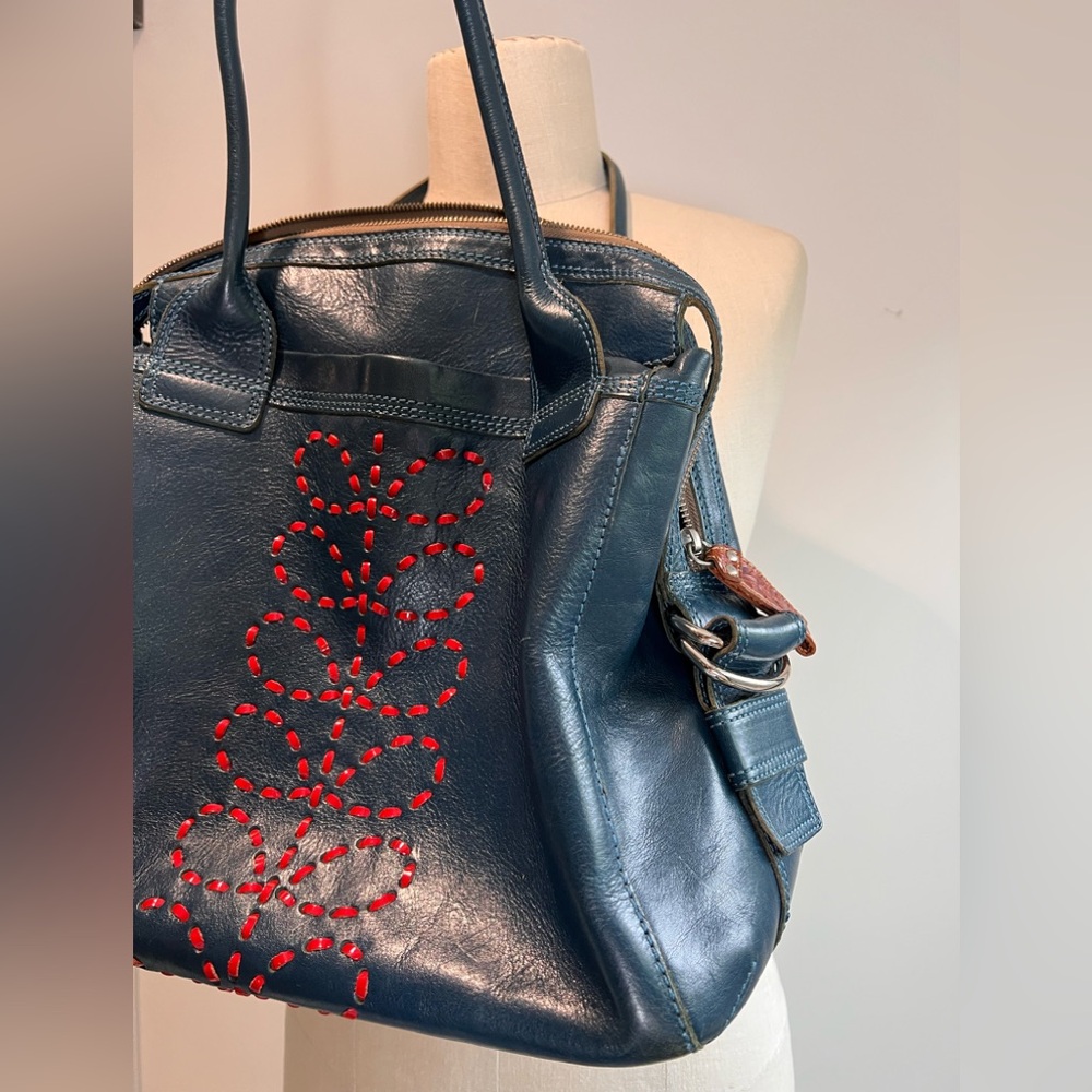 Orla Kiely large blue leather satchel purse tote red embroidery flower - Picture 10 of 14
